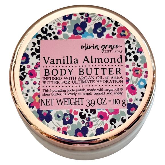 Olivia Grace Vanilla Almond Scented BODY BUTTER Lotion 3.9oz Jar Argan Oil Shea - Picture 4 of 5